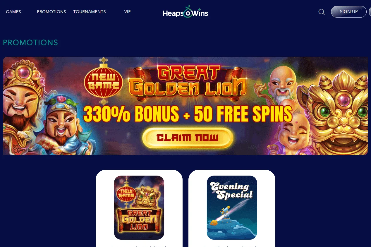 Heaps Of Wins Casino promotions on desktop