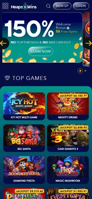 Heaps Of Wins Casino home on mobile