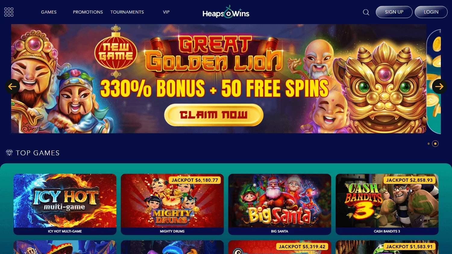 Heaps Of Wins Casino home on desktop
